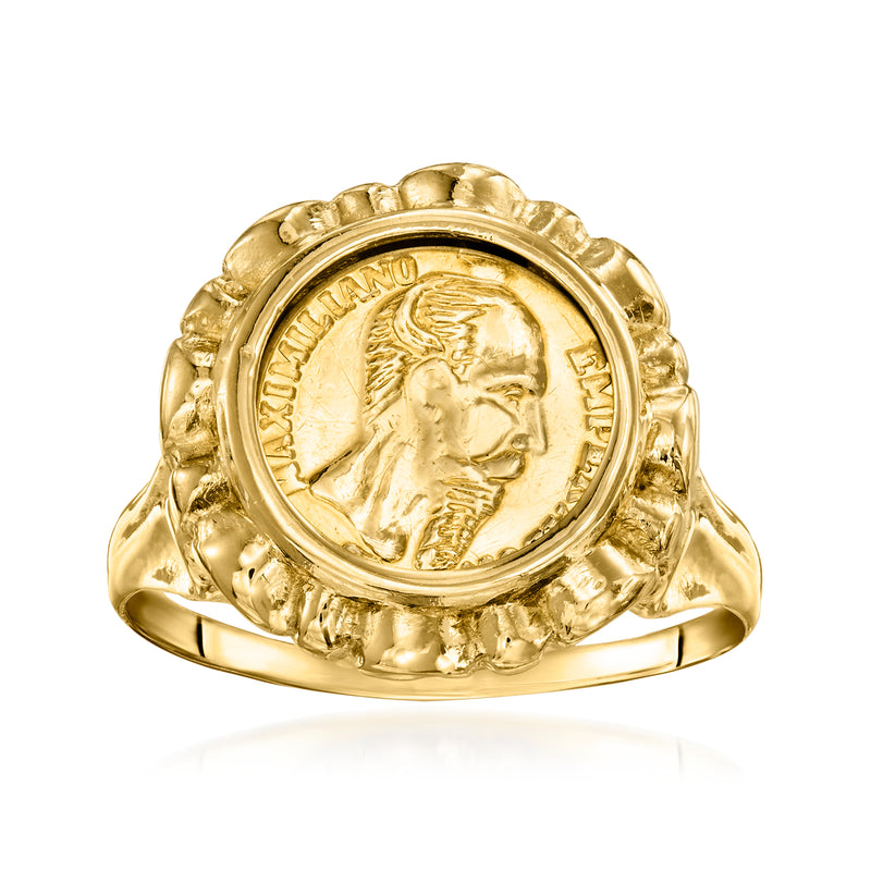 Yellow gold coin ring with Maximiliano portrait medallion and beaded bezel