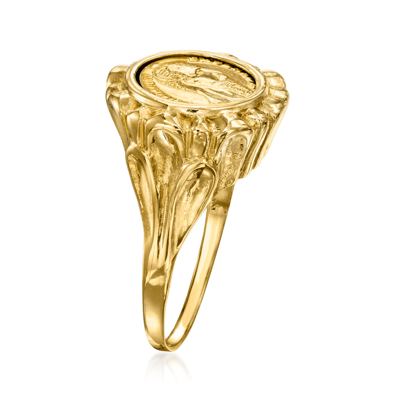 Yellow gold coin ring with round portrait bezel and scalloped textured shoulders