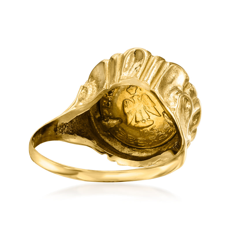 Yellow gold coin ring angled view showing portrait coin relief and inner shank
