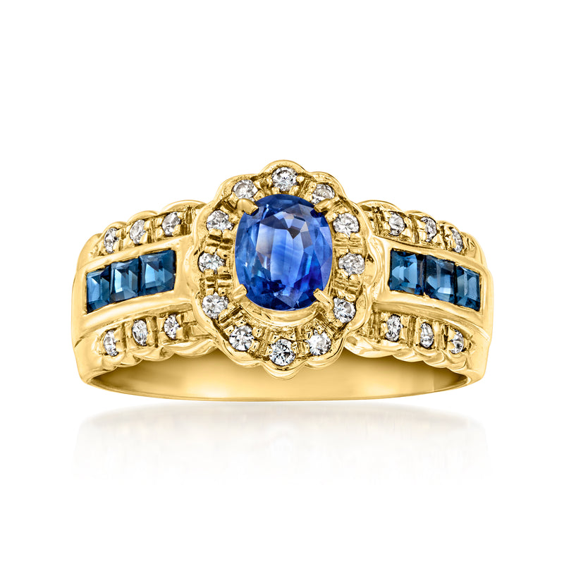 18k yellow gold vintage ring with oval blue sapphire center, side sapphires, diamond halo