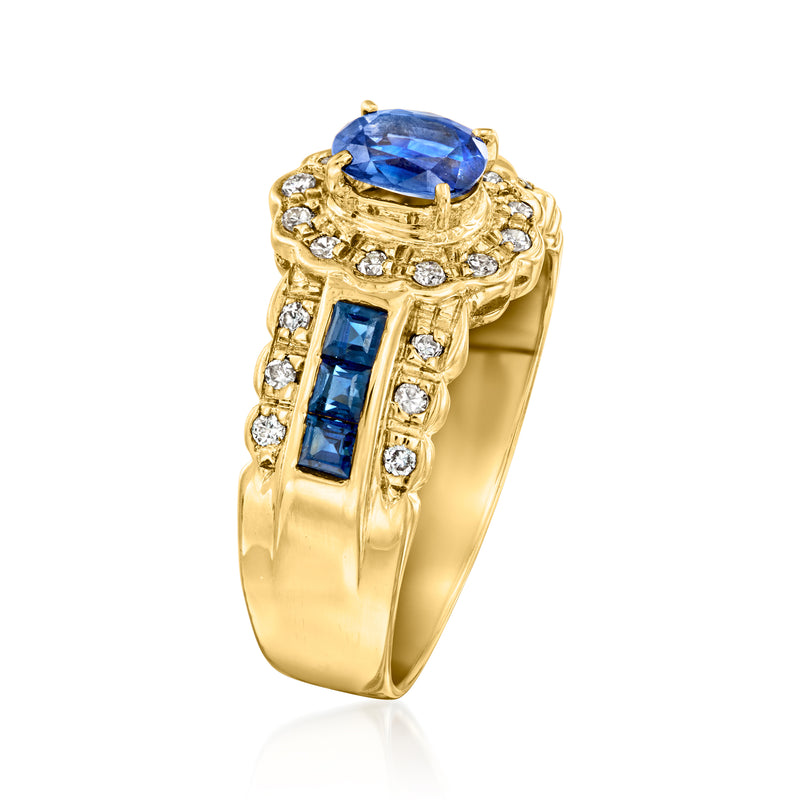 18k yellow gold vintage ring with oval blue sapphire, rectangular sapphire sides, diamond accents