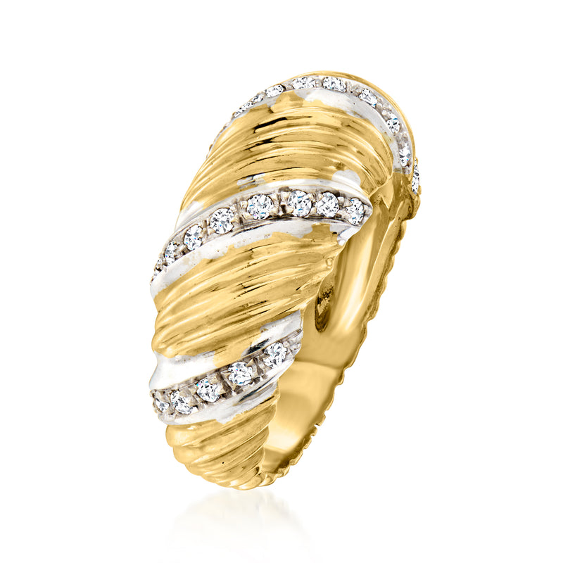 Twisted yellow gold ring with multiple round-cut diamond bands and ribbed texture
