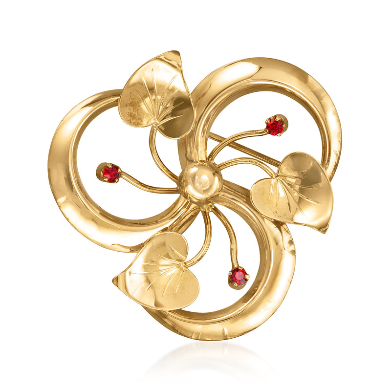 Gold swirl leaf pin with red ruby-like stones, vintage yellow gold look