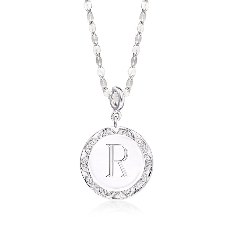 Sterling silver letter disc charm with detailed rim, on a linked chain necklace