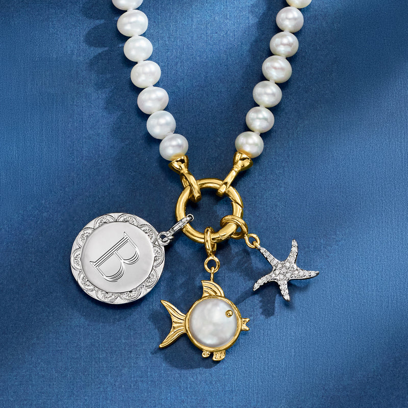 Pearl necklace with sterling silver engraved disc charm and other small gold accents