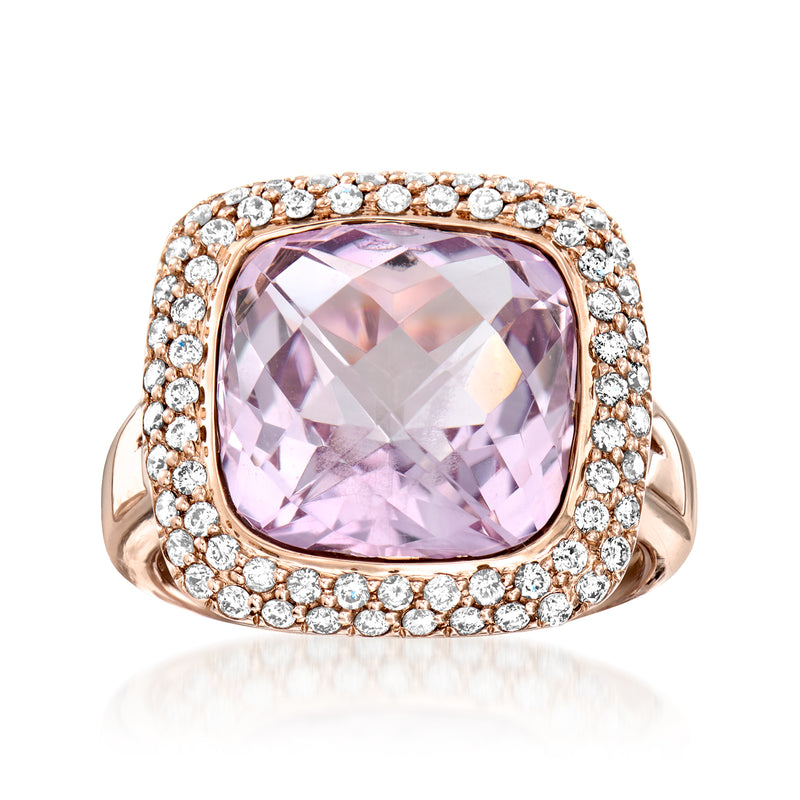 Rose gold amethyst and diamond ring with cushion-cut purple center stone