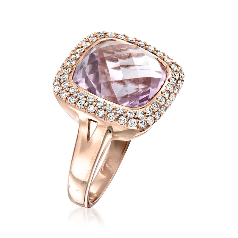 Rose gold amethyst and diamond halo cushion-cut ring, angled side view