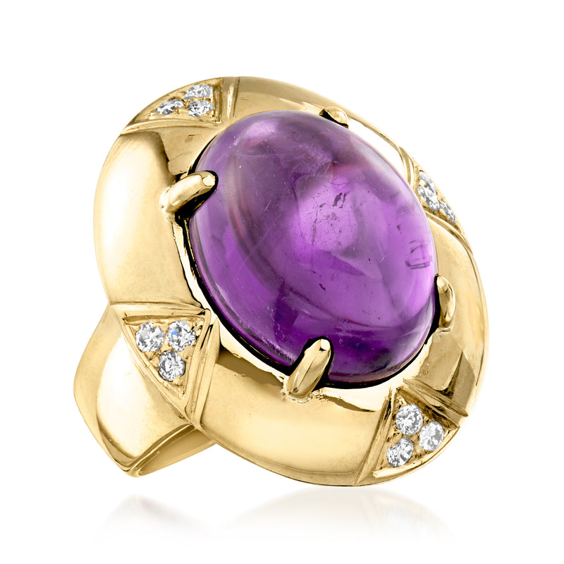 Three-quarter view oval amethyst ring with diamond stones in 14kt yellow gold bezel