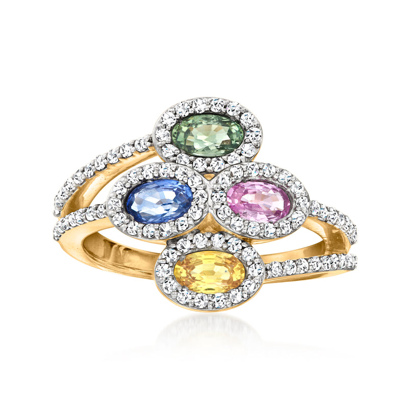14kt yellow gold gemstone and diamond cluster ring with oval multicolor sapphires