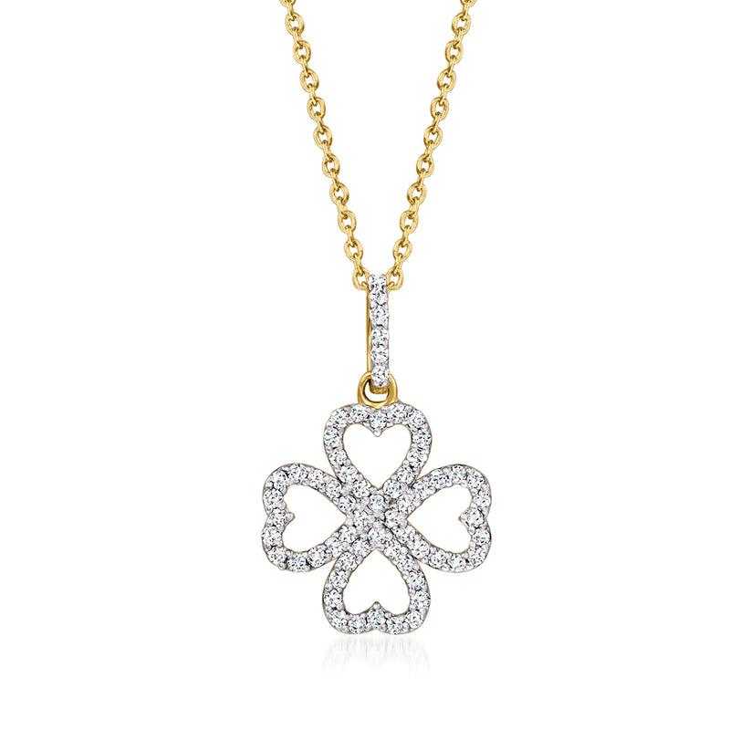Gold diamond clover pendant necklace with heart-shaped center on chain