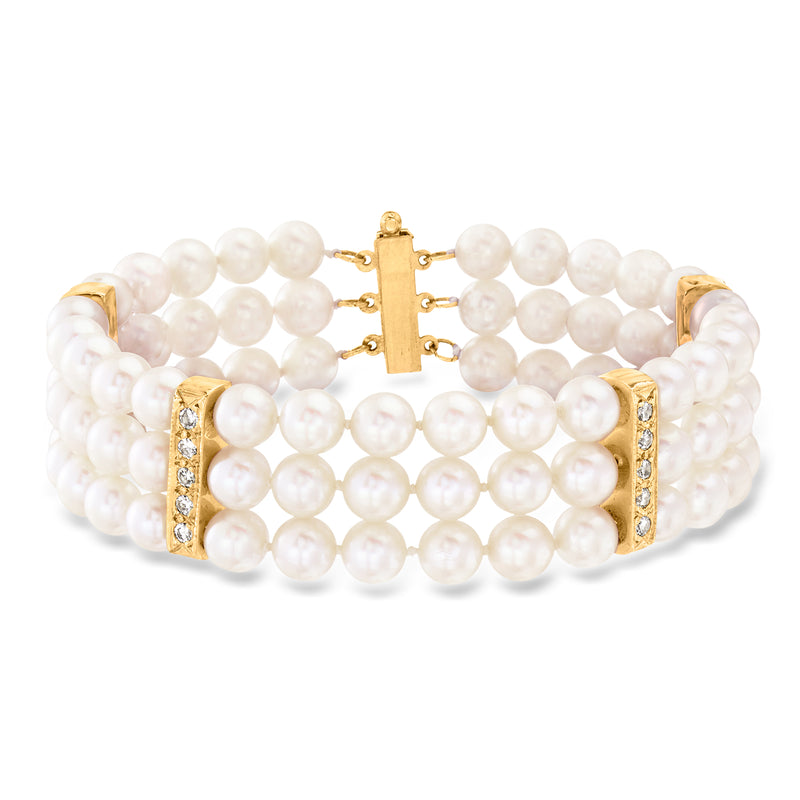 Three-row cultured pearl bracelet with gold clasp and diamond accents