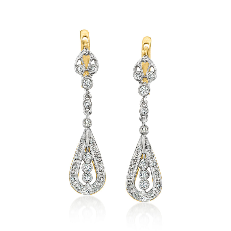 Two-tone 14kt gold diamond teardrop drop earrings with dangling pear stones