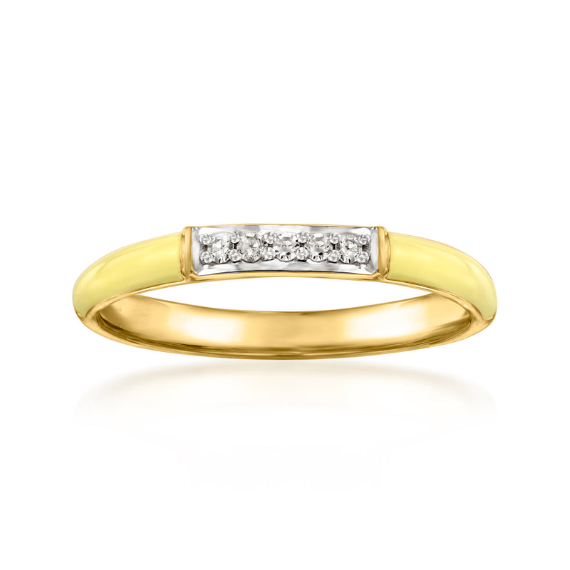 Gold ring with pale yellow enamel band and diamond row across top