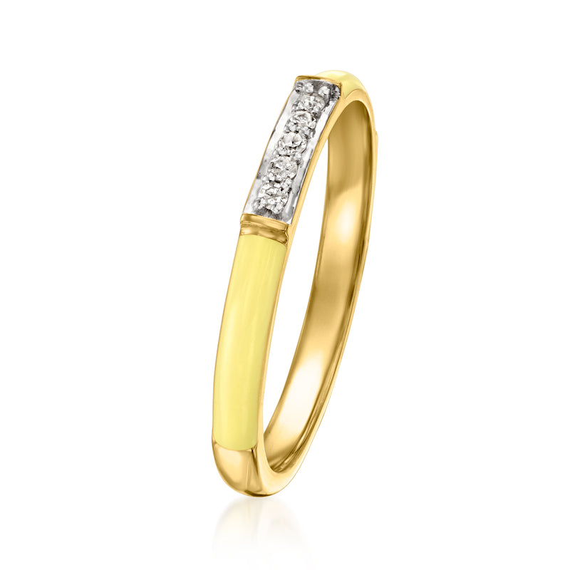 Pale yellow enamel gold ring with rectangular diamond accents on top