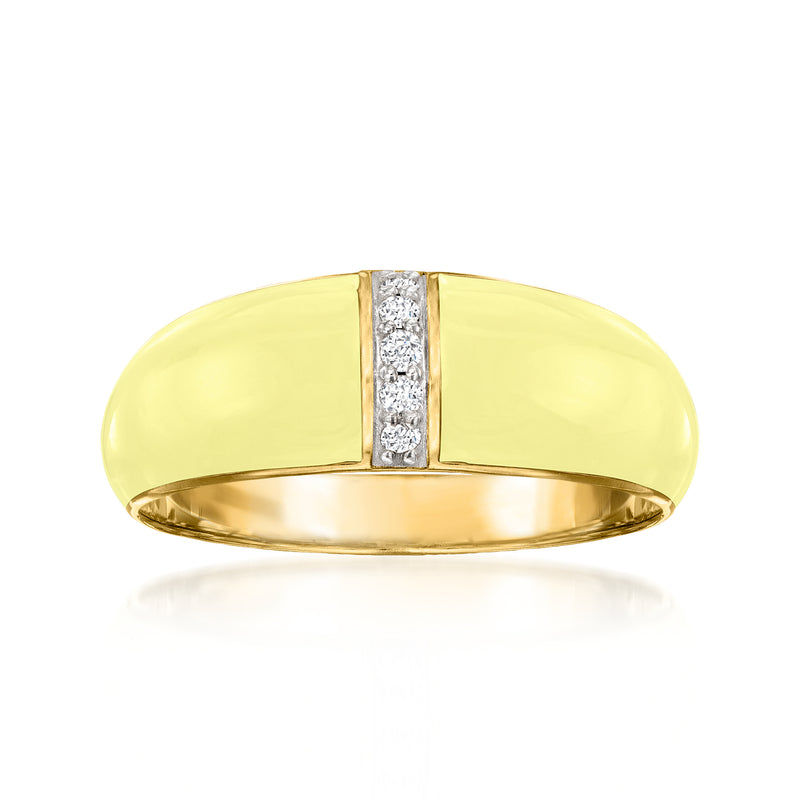 Pastel yellow enamel dome ring with diamond bar set in 18kt gold over sterling