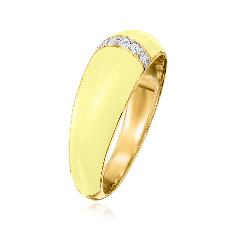 Pastel yellow enamel dome ring angled view, diamond bar detail in gold over sterling