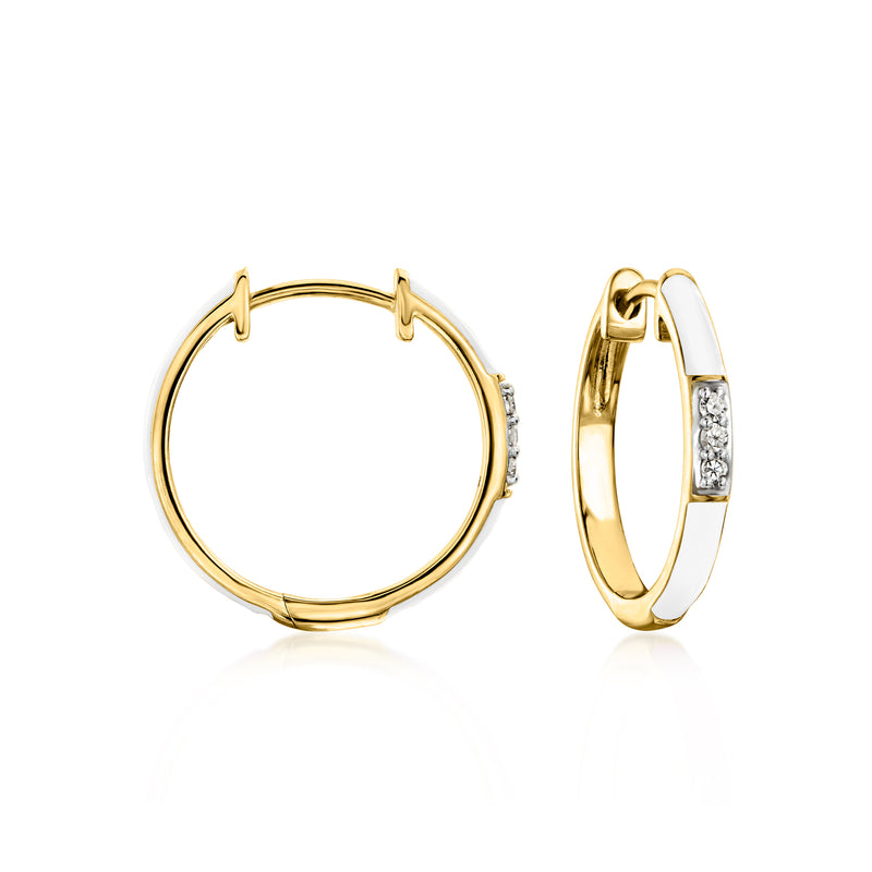 Gold hoop earrings with white enamel and small diamond accents