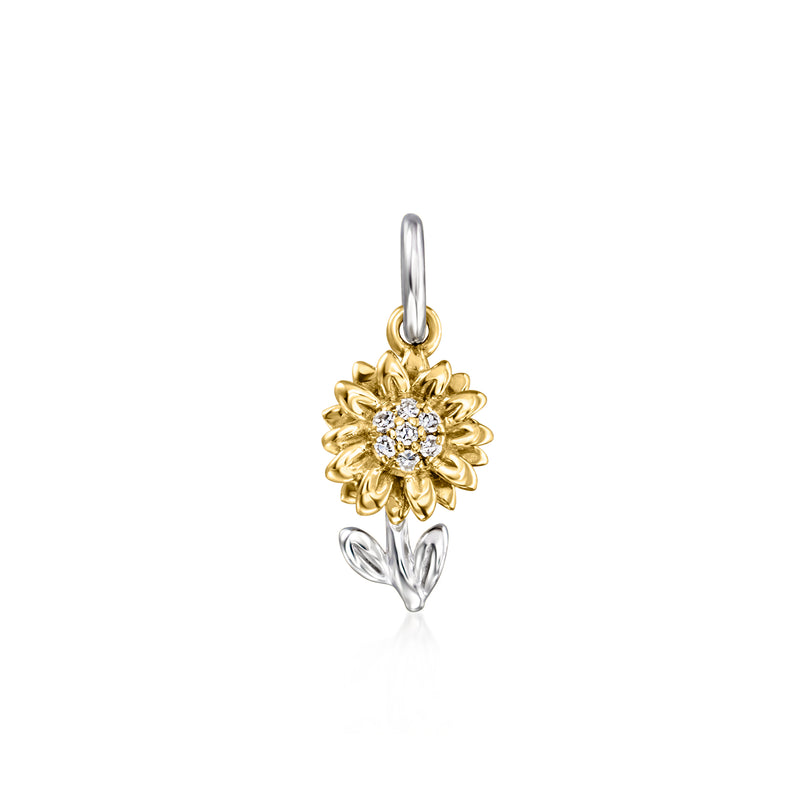 Sunflower charm with diamond center in sterling silver and 14kt yellow gold