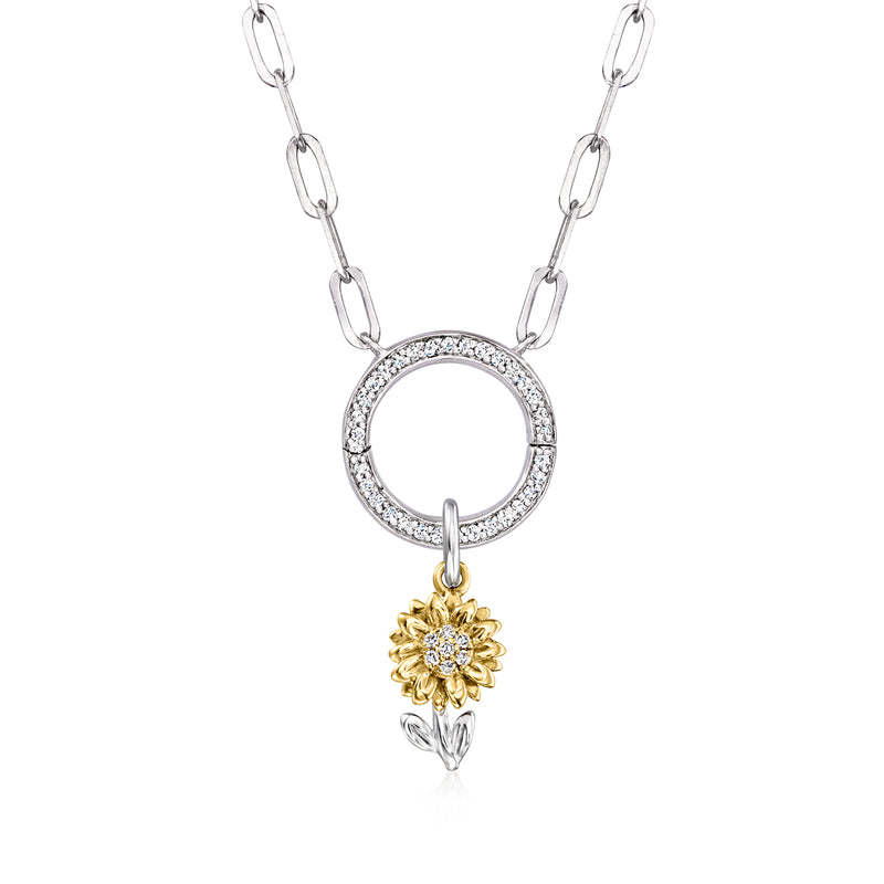Sterling silver pendant chain with diamond ring and dangling gold sunflower charm