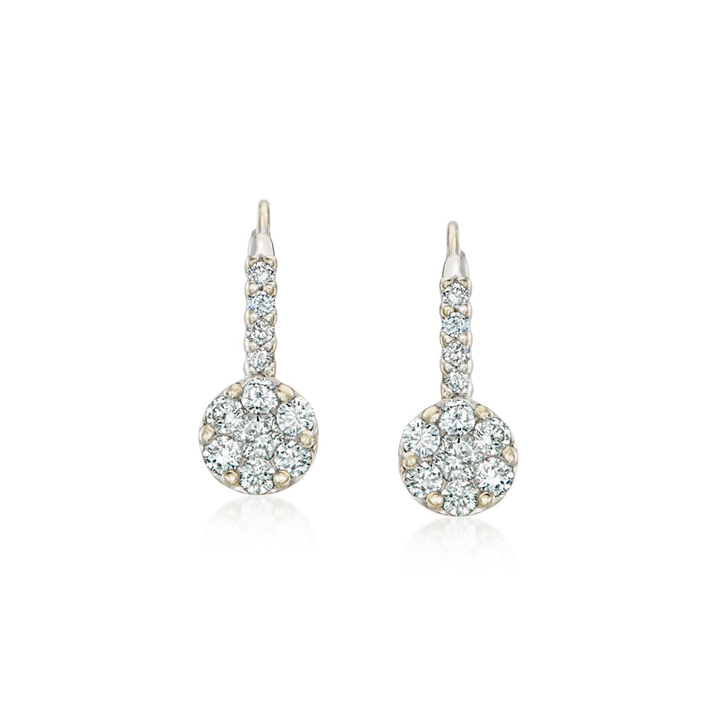 Round diamond cluster drop earrings in white gold, dangling circular halos