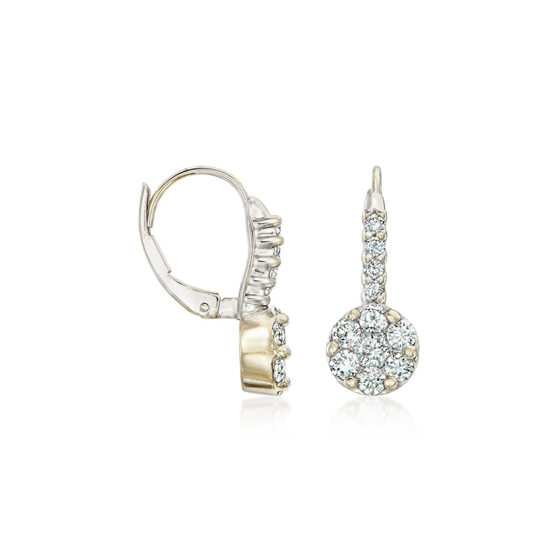 White gold diamond cluster drop earrings, round dangling halos with lever backs