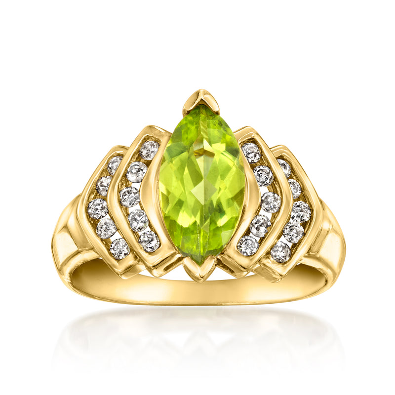 14kt yellow gold peridot oval ring with diamond accents, vintage style