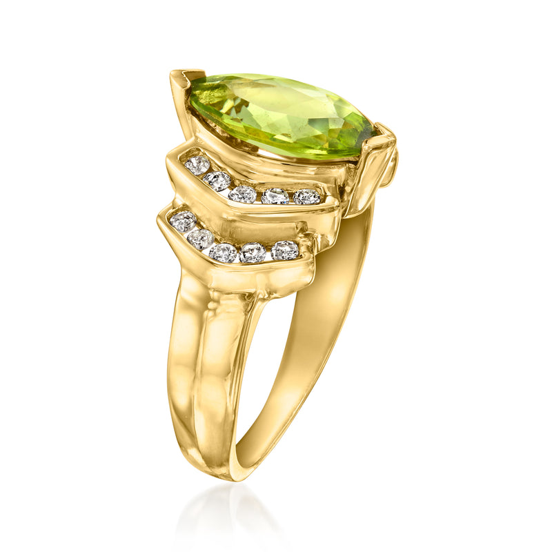 14kt yellow gold peridot oval ring with channel-set diamond bands
