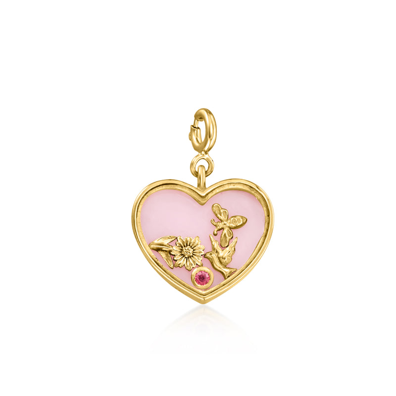 Gold heart charm with pink opal enamel, floral details, and single pink rhodolite stone