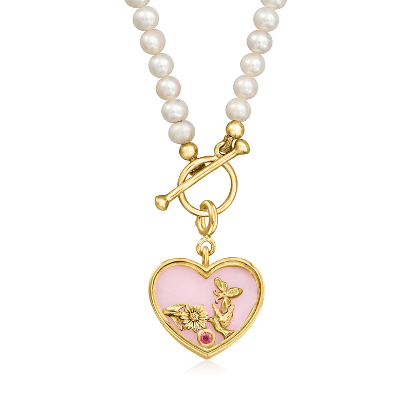 Pearl necklace charm: gold heart with pink opal enamel and single rhodolite stone