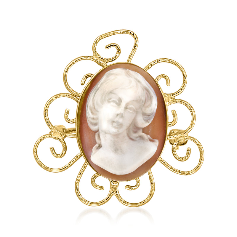 Vintage cameo pin with oval shell portrait and 14kt yellow gold filigree frame