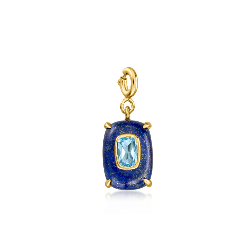 Gold charm with blue cushion bezel and oval sky-blue gemstone