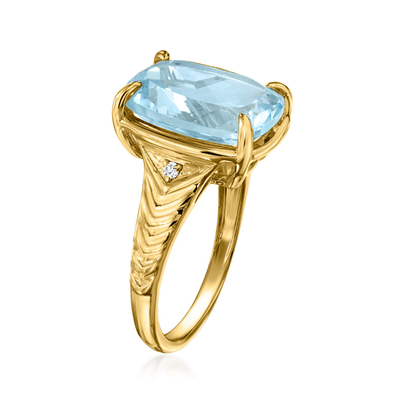 Sky blue topaz oval ring in gold-tone with open twist band and diamond-accent shoulders