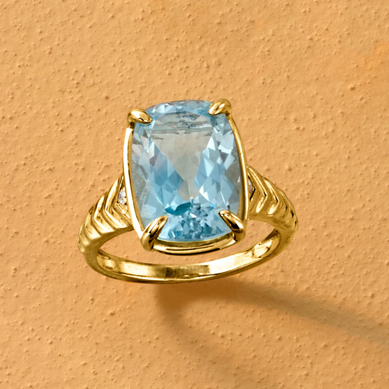 Gold-tone sky blue topaz ring with oval stone and split band with textured detailing
