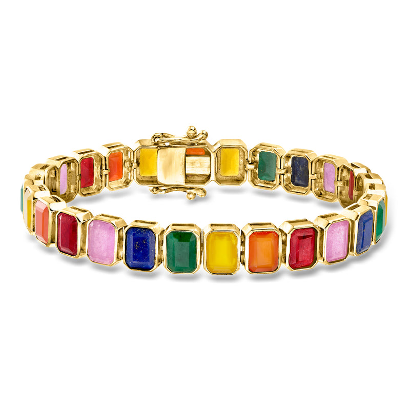 Gold-tone bezel-set multi-gemstone bracelet with colorful rectangular stones, hinged clasp