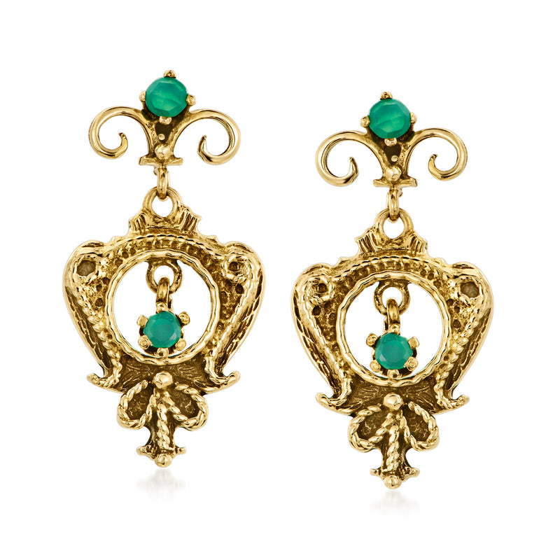 14kt yellow gold drop earrings with green gemstone accents, ornate swirl details