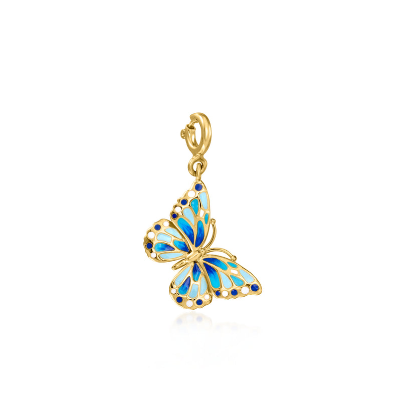 Gold over sterling enamel butterfly charm with blue and white detail