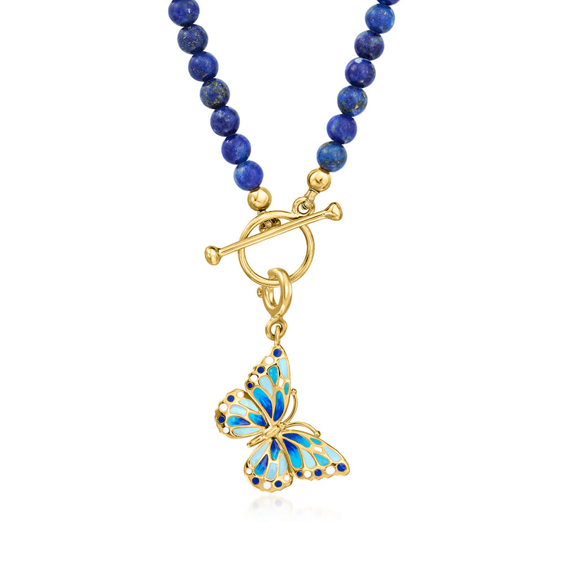 Blue beaded necklace with gold toggle clasp and blue-white enamel butterfly charm