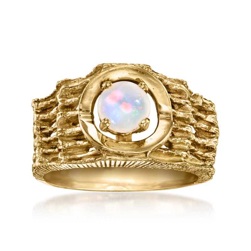 14kt yellow gold vintage opal ring with round cabochon in ornate bezel