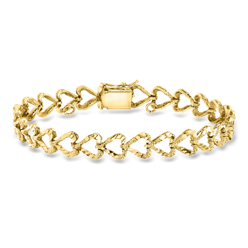 14kt yellow gold heart-link bracelet with hinged clasp and heart-shaped links.