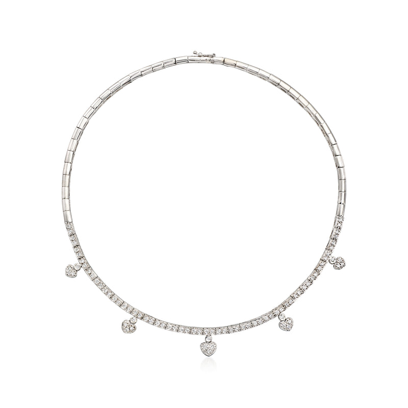 18kt white gold diamond heart drop necklace with heart charms along the chain