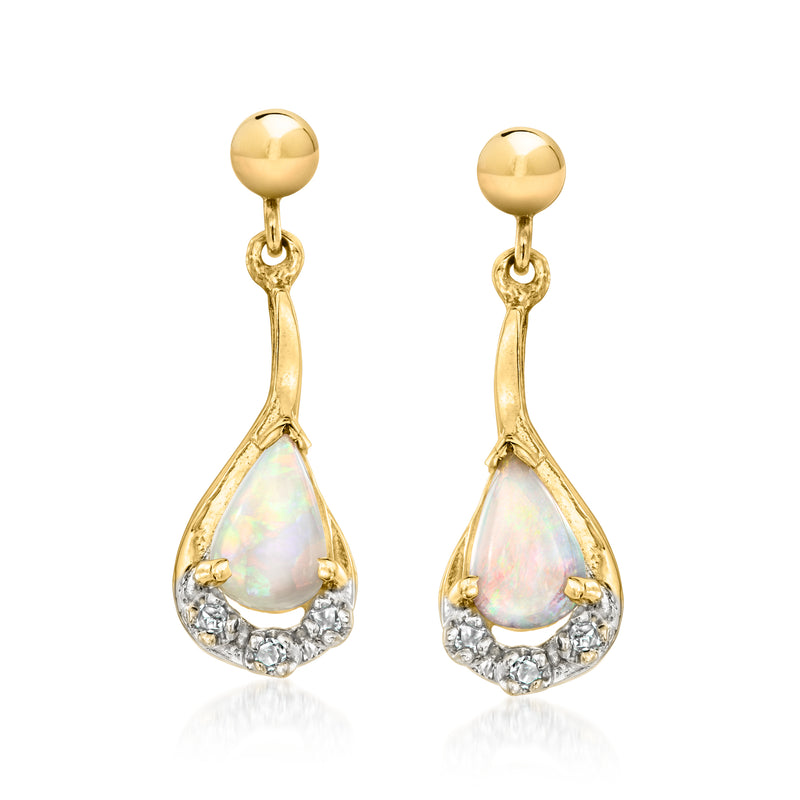 14kt yellow gold drop earrings with teardrop opal and diamond accents, vintage style