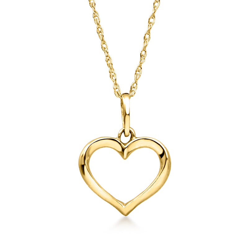 14kt yellow gold open heart pendant necklace with linked chain and small heart charm