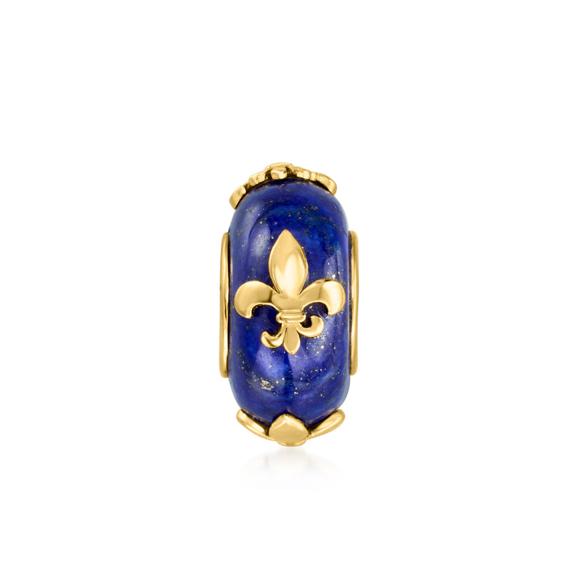 Lapis blue bead charm with gold fleur-de-lis and scalloped gold frame