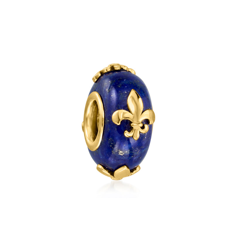 Lapis blue bead charm with gold fleur-de-lis, side view in oval setting