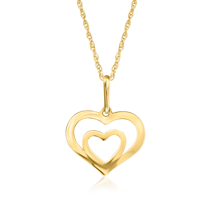 14kt yellow gold double-heart pendant necklace with two interlocking heart charms