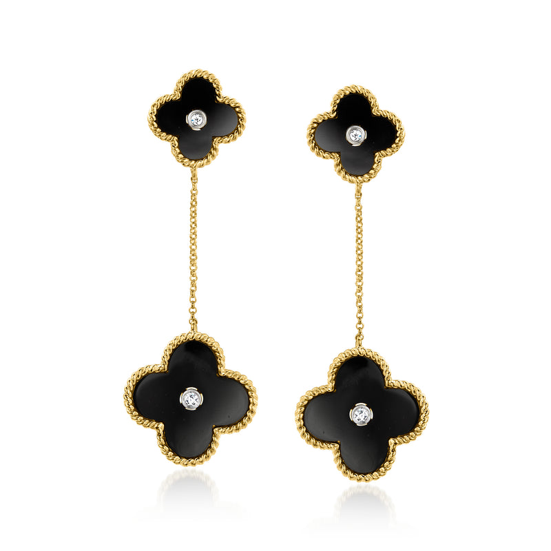 Vintage clover drop earrings with black onyx and diamond accents, yellow gold