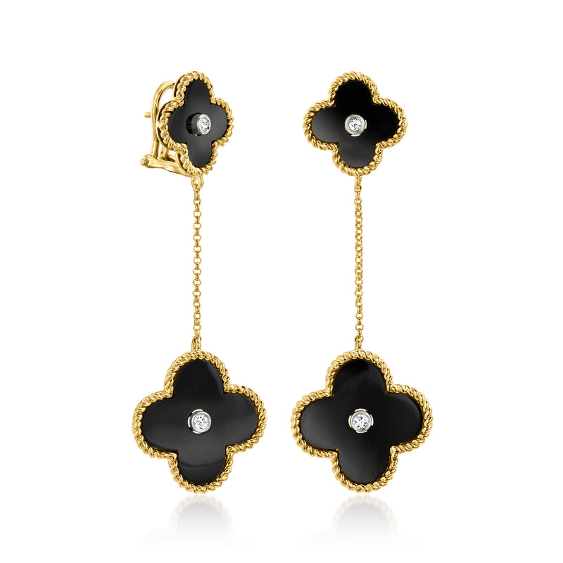 Vintage clover drop earrings, black onyx clover with diamond studs, yellow gold
