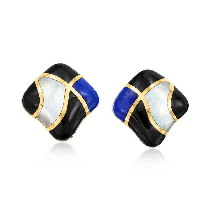 Black enamel clip/post earrings with gold frame and blue/pearl inlay