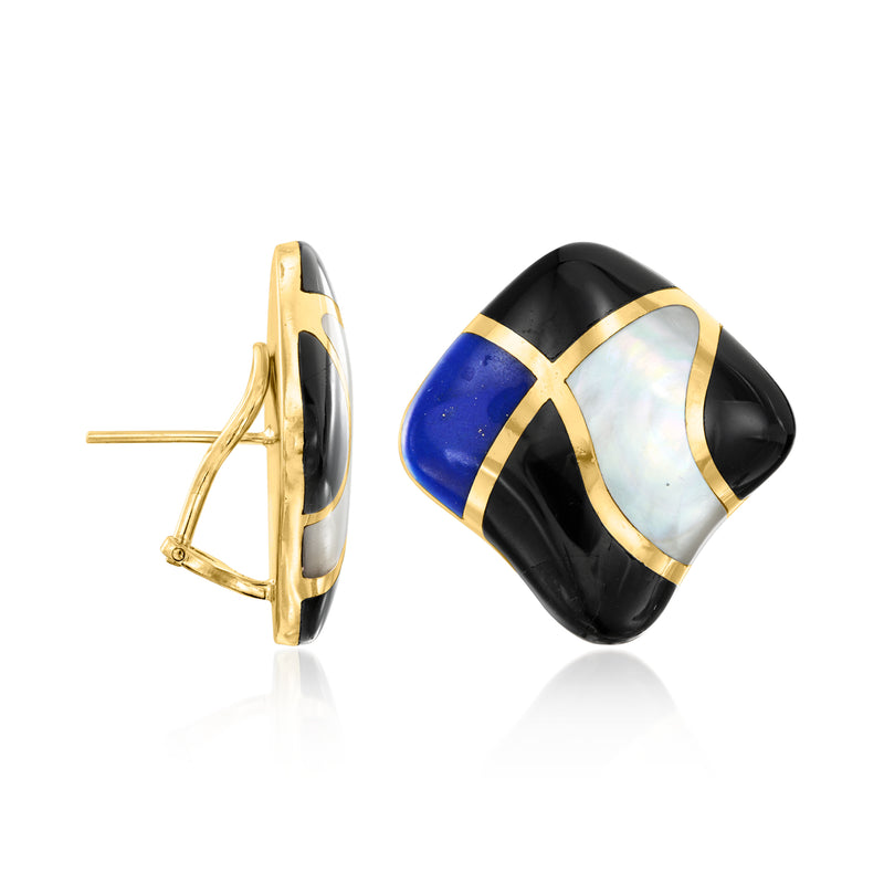 14kt yellow gold clip/post earrings, black with gold banding and blue/pearl inlay