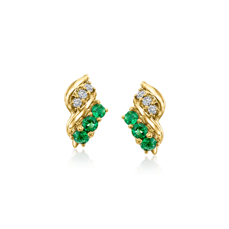 Vintage 18k yellow gold clip earrings with green emerald and white diamond clusters